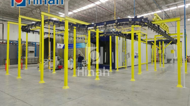 Powder coating line for cabinet frames (10) Pretreatment tanks and powder coating booth on a cabinet frame line