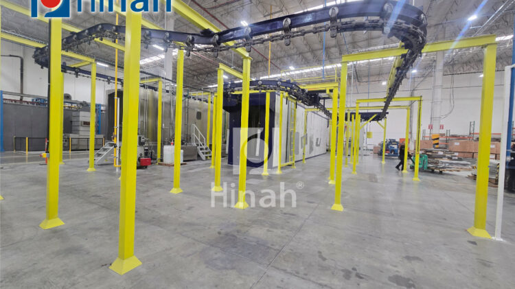 Powder coating line for cabinet frames (25) Hang density along the conveyor of a cabinet frame powder coating line