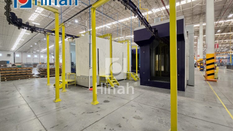 Powder coating line for cabinet frames (30) Cabinet frame powder coating line with conveyor loop and booth sections