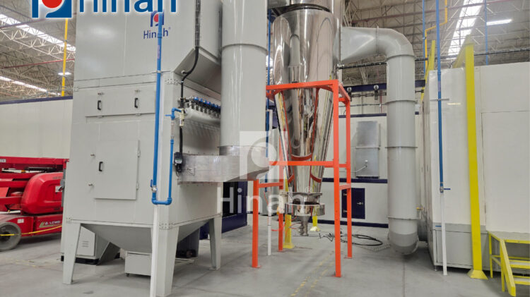 Powder coating line for cabinet frames (39) Powder recovery cyclone on a powder coating line for cabinet frames