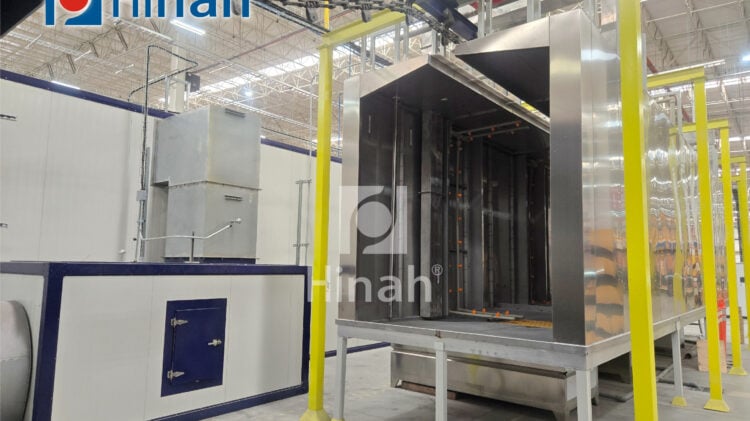 Powder coating line for cabinet frames (42) Cabinet frame powder coating line with spray booth and overhead conveyor